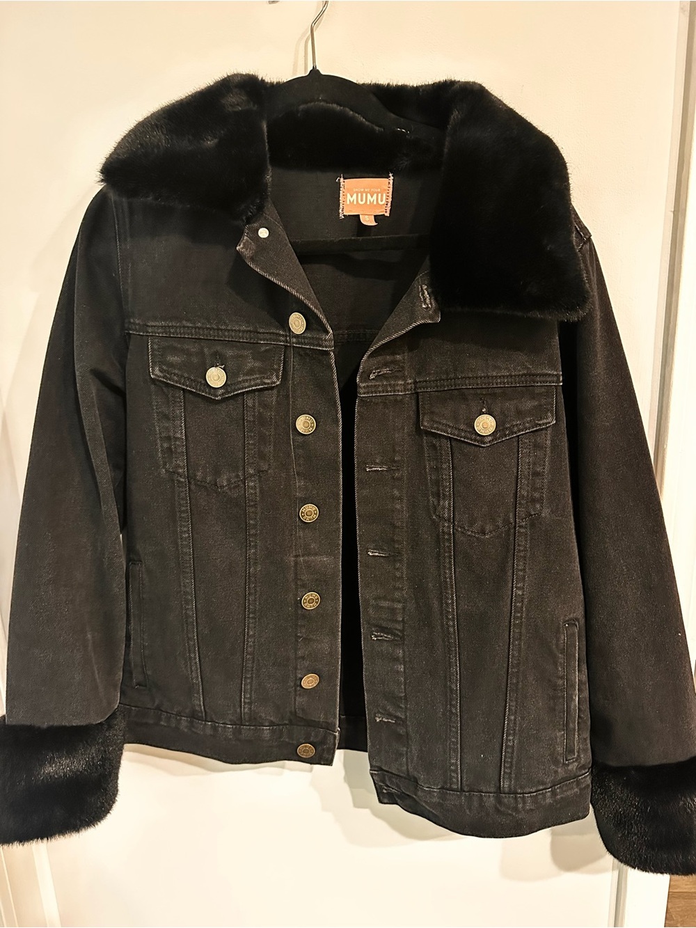 Show Me Your MuMu Black Denim Jacket with Faux Fur Collar